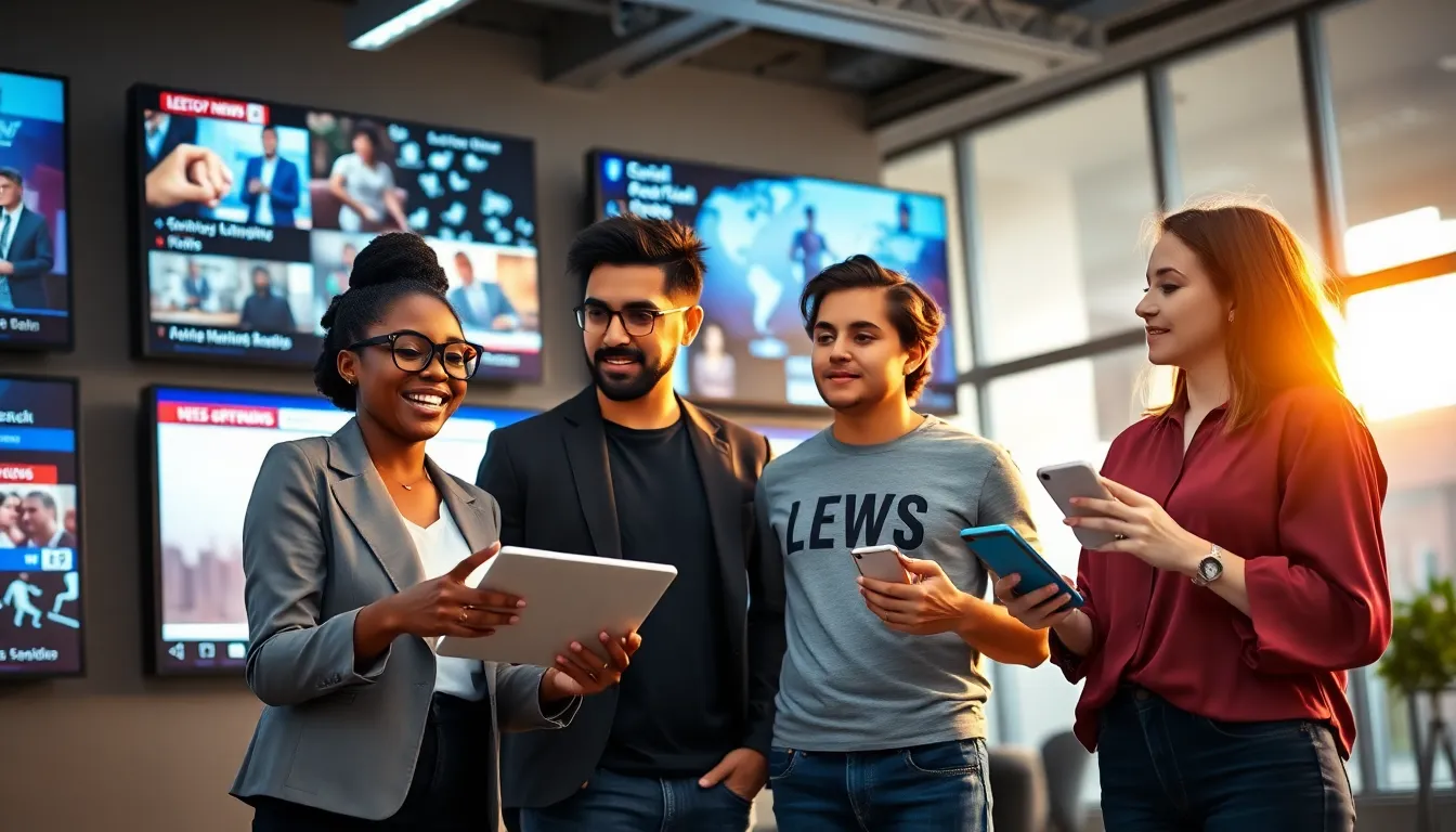 a diverse team collaborating in a modern news office on Lotsofpower.
