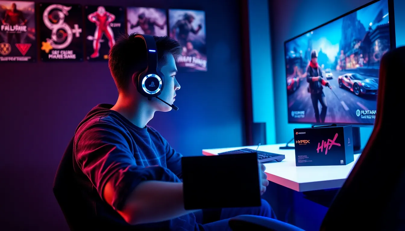 a gamer using a headset and customized controller in a vibrant gaming room.