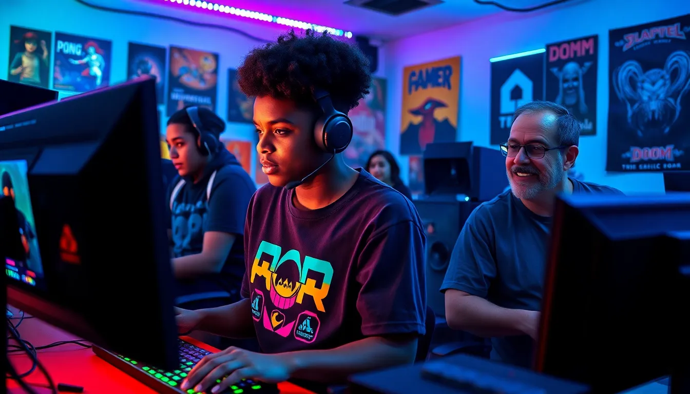 a group of gamers enjoying PC games in a vibrant gaming setup.