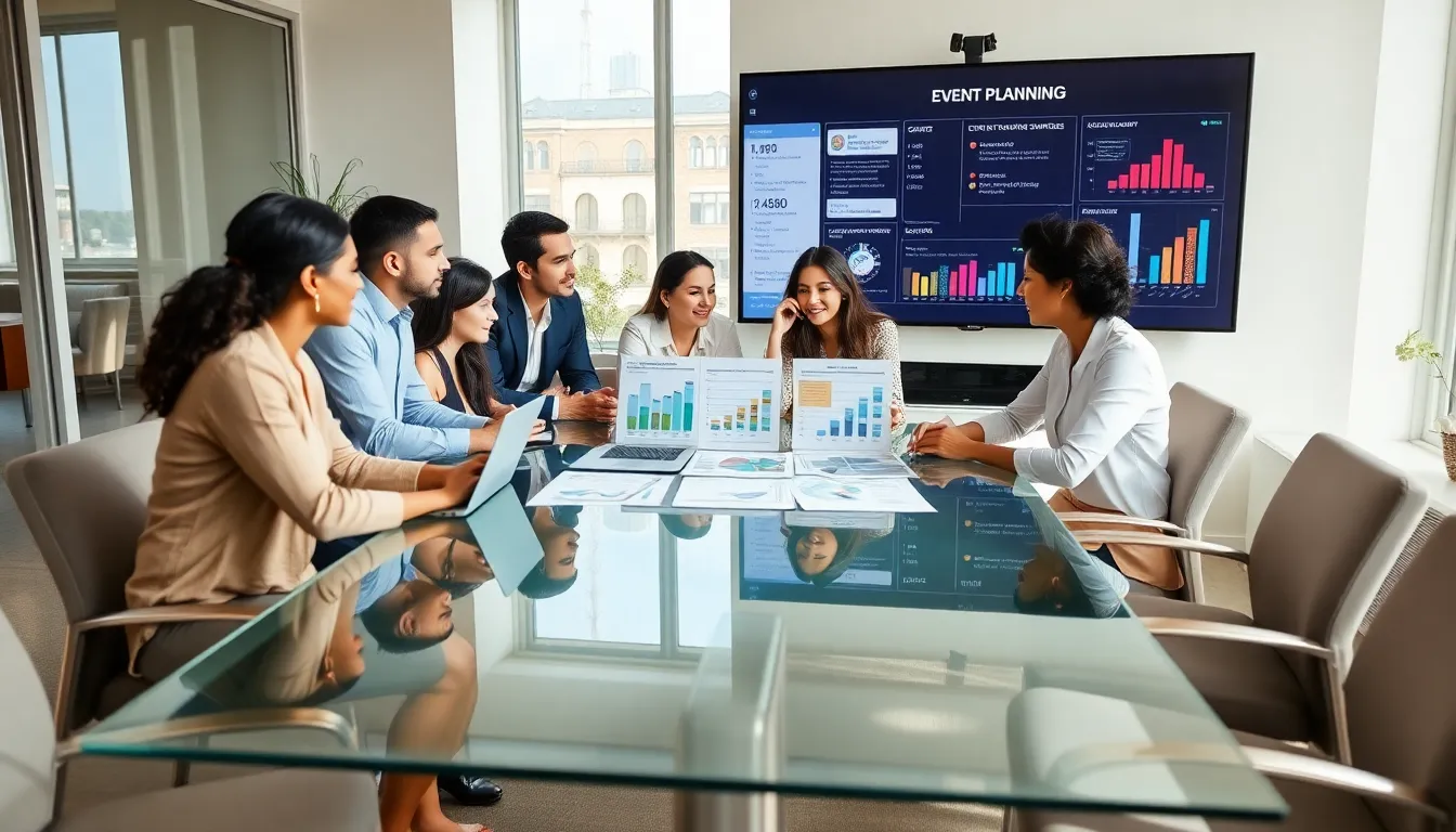 diverse team collaborating on event budget planning in a modern office.