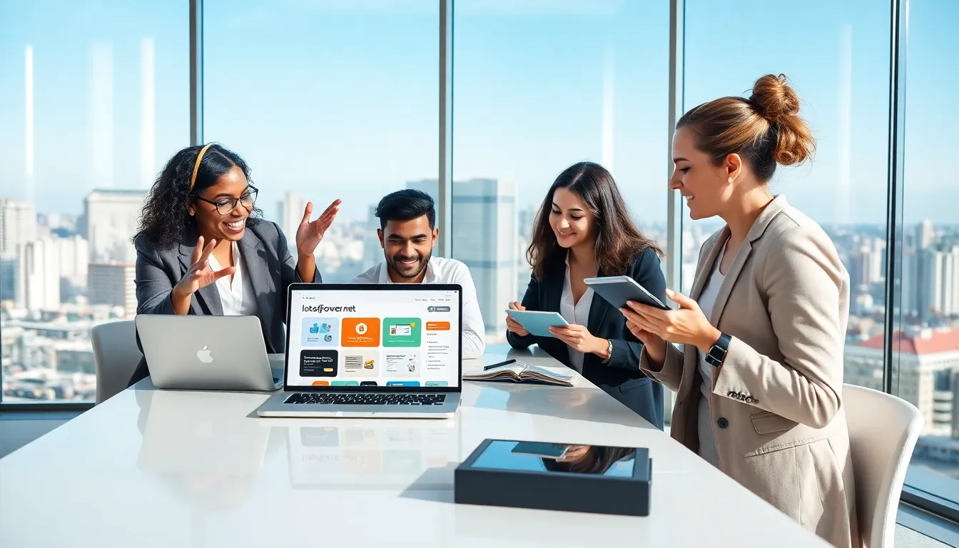 a diverse team collaborating in a modern office with project management tools.