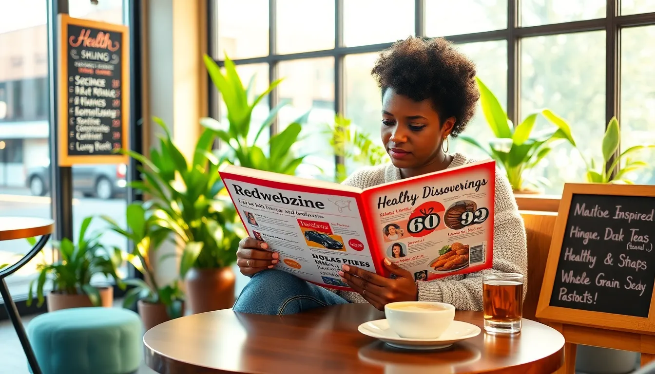 A woman reading Redwebzine in a cozy café, focusing on health and lifestyle.
