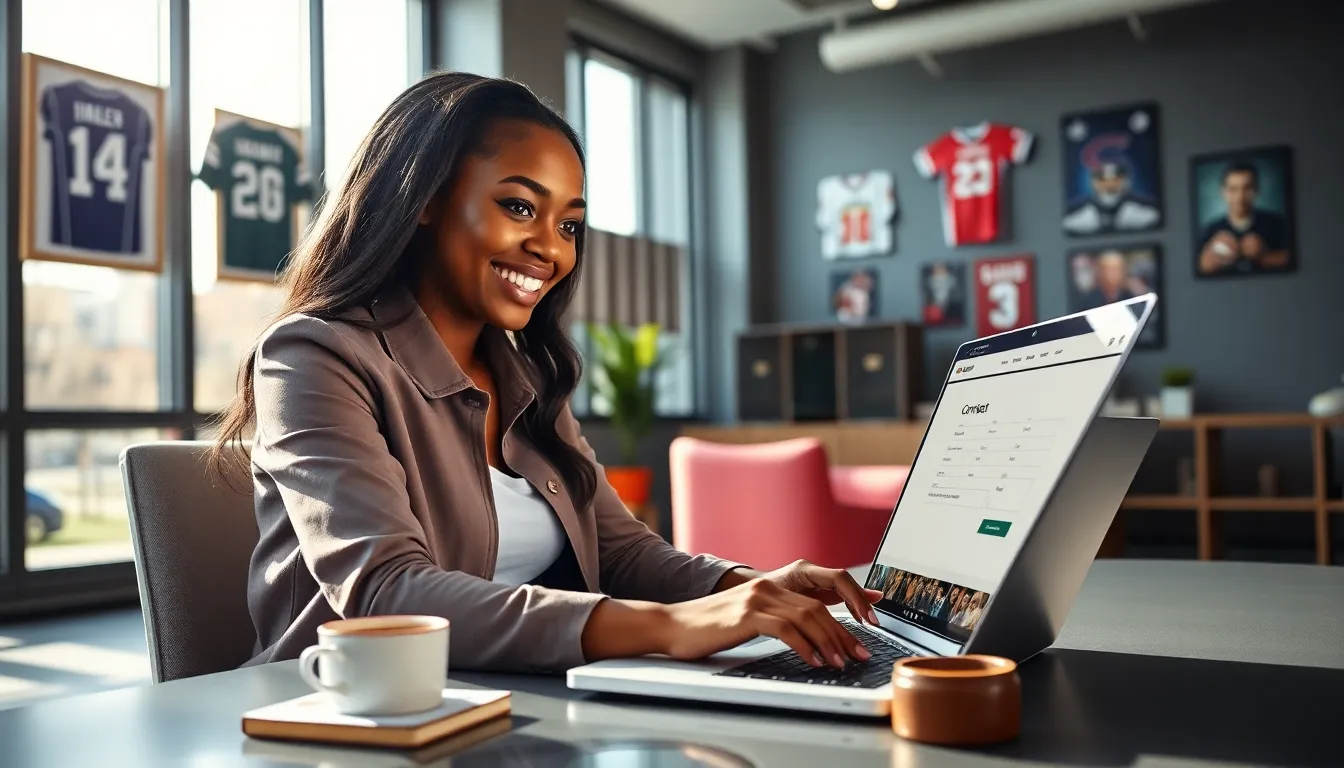a young woman filling out a contact form on a laptop in a sports-themed office.
