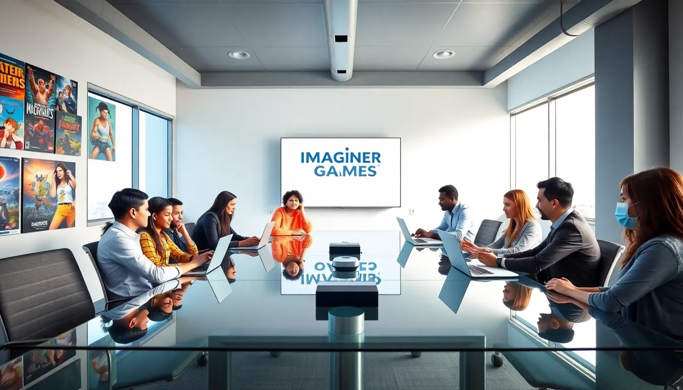diverse team collaborating at a modern gaming company office.