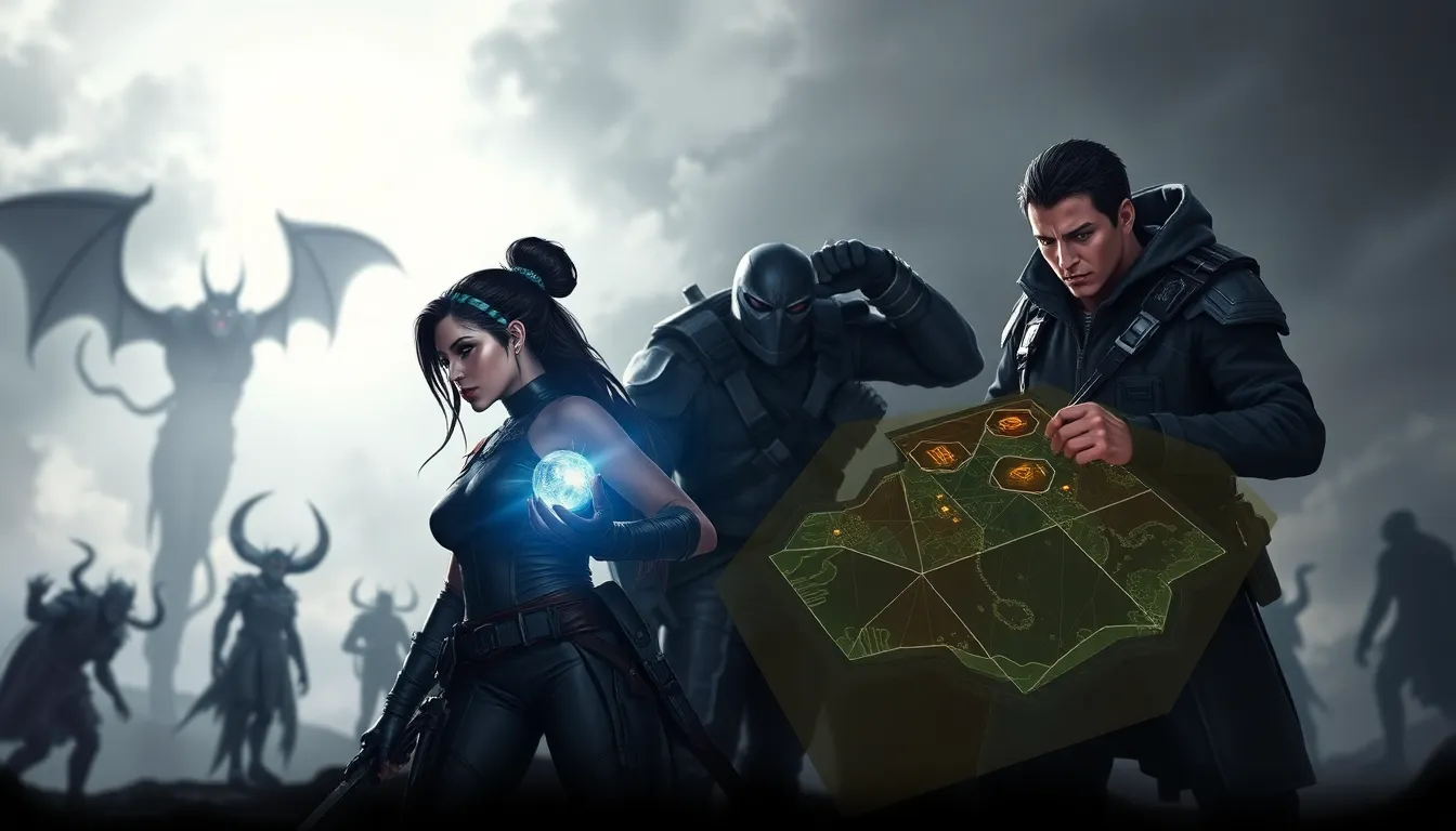 group of diverse daemon hunters in a fantasy setting.