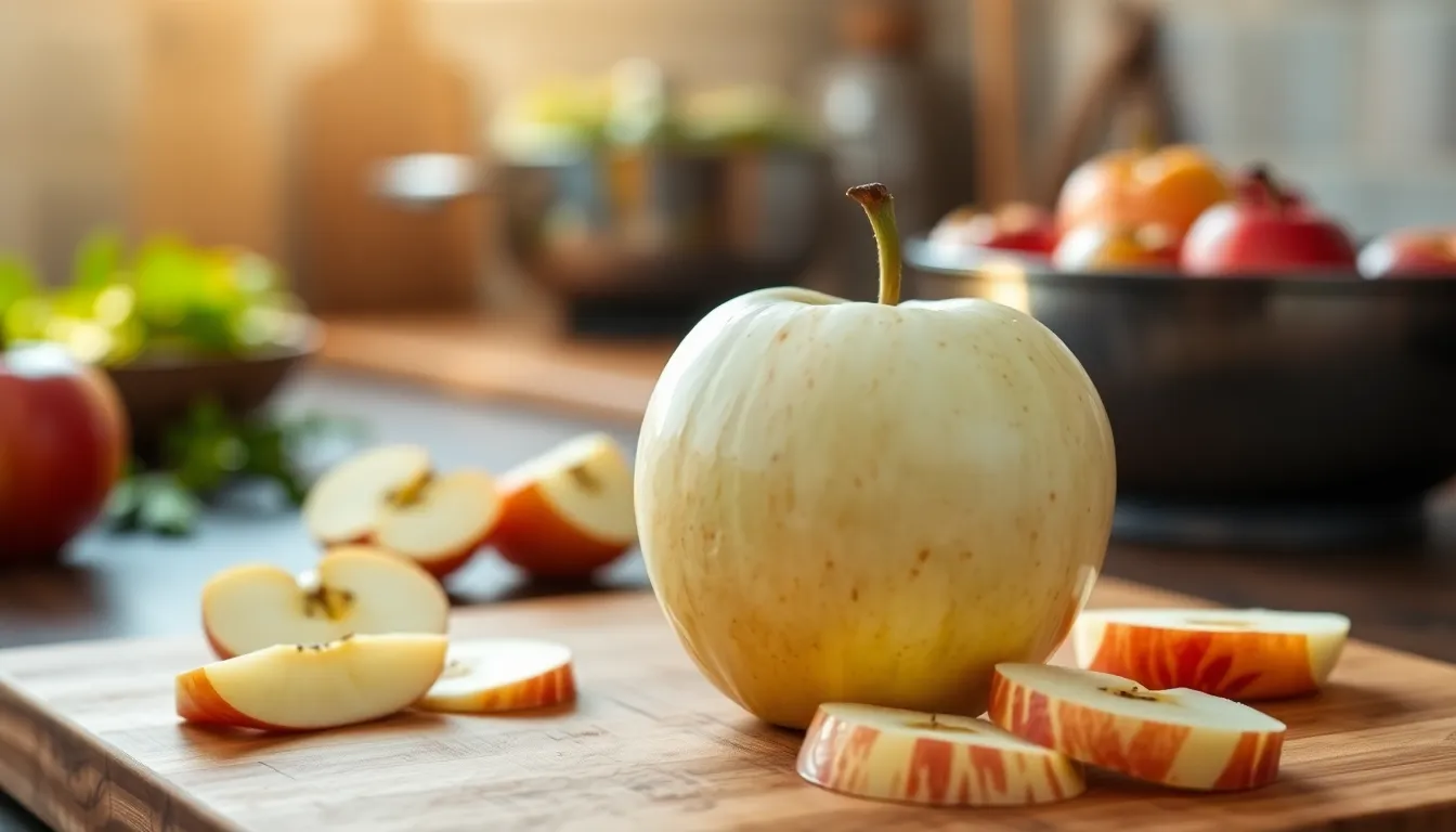 Close-up of a Bitclassic Applewhite apple on a cutting board.