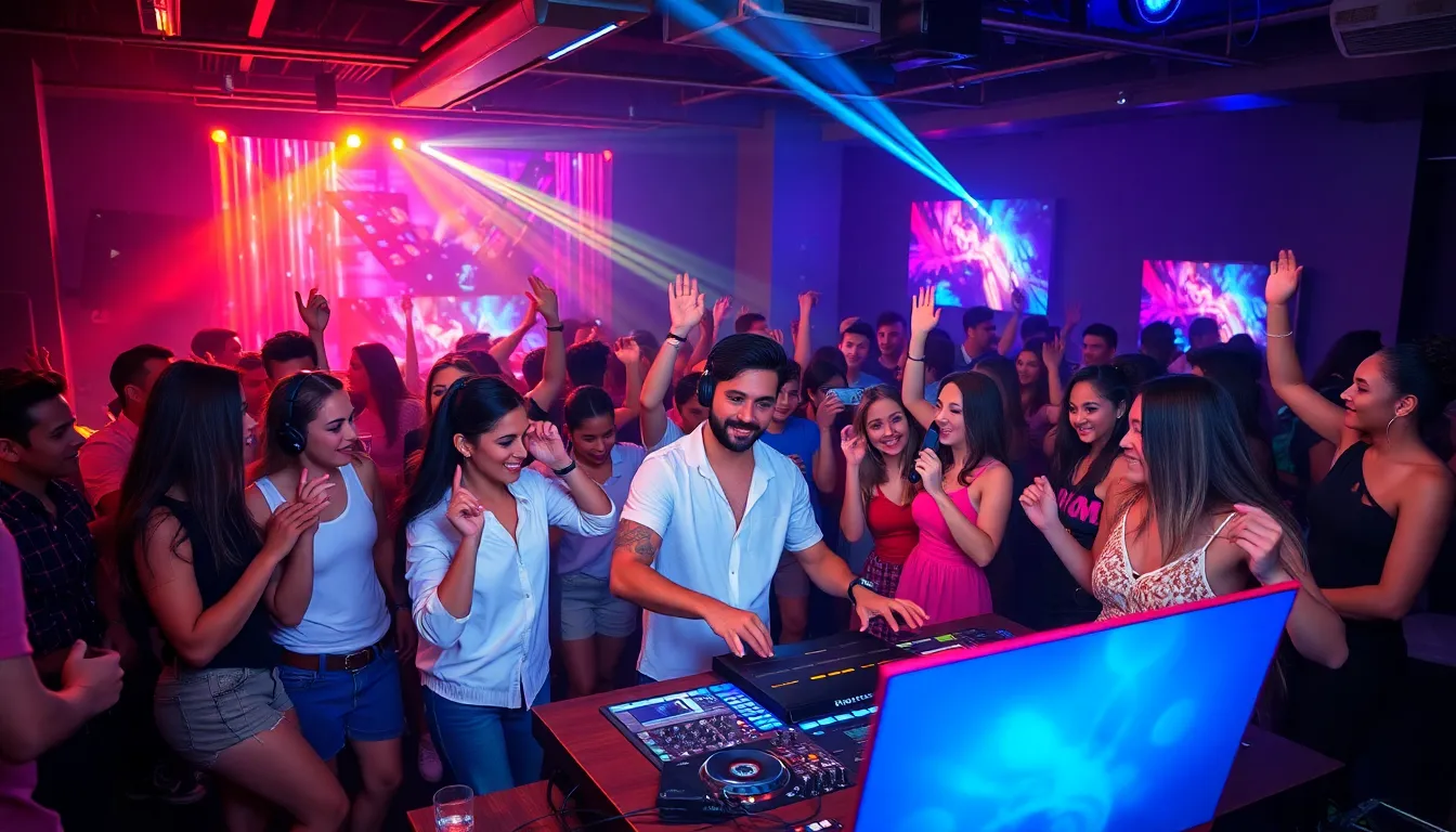 diverse group dancing at a modern party with vibrant DJ setup.
