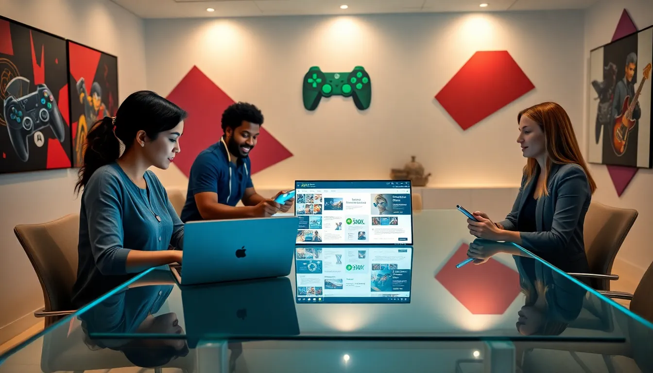 diverse professionals discussing gaming in a modern workspace.