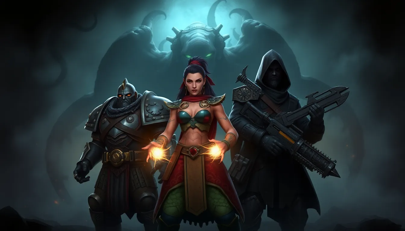 Diverse team of Daemonhunters ready for battle in a dark fantasy setting.