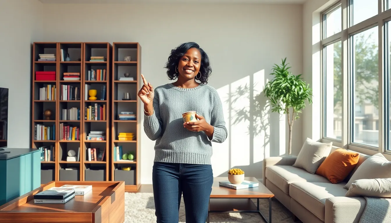 A woman organizing a stylish living room with multi-functional furniture.