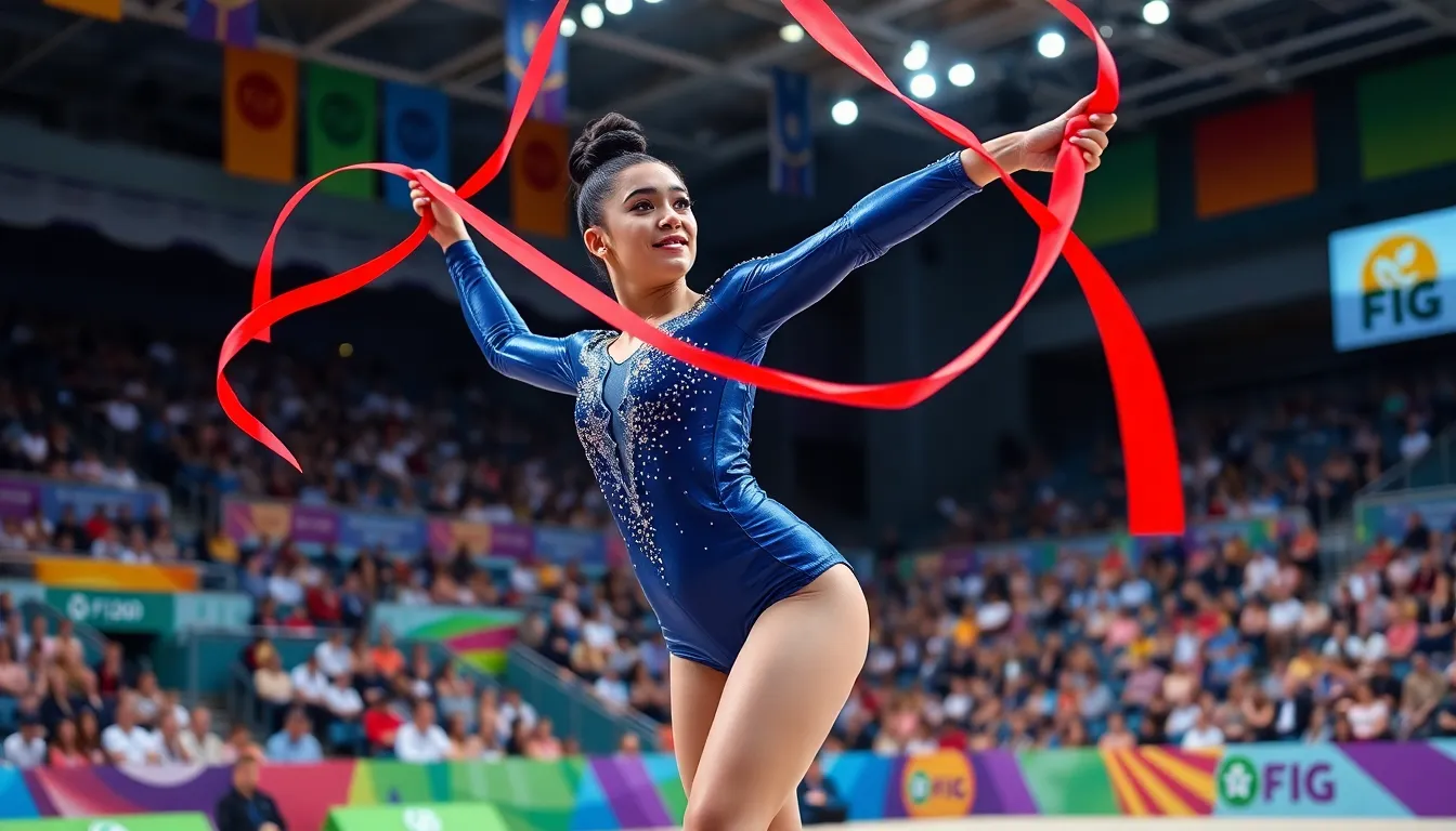 a rhythmic gymnast performing with a ribbon in a lively gymnasium.