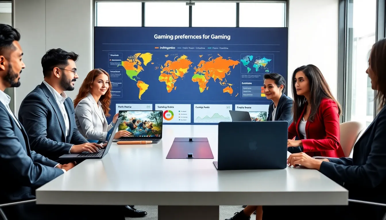 diverse team discussing gaming preferences in a modern office setting.