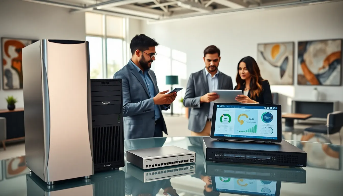 diverse team discussing WebBizMagnet hardware in a modern office.