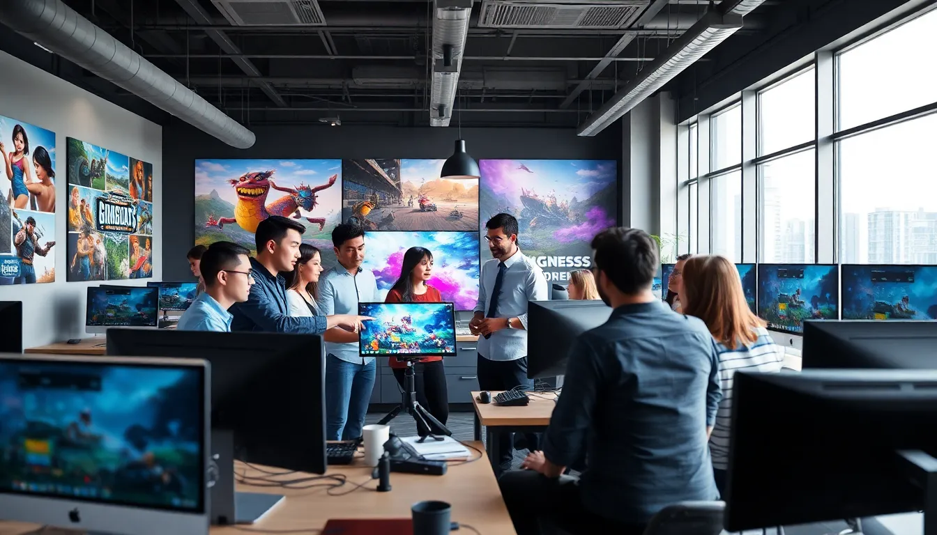 diverse team collaborating in a sleek gaming office.