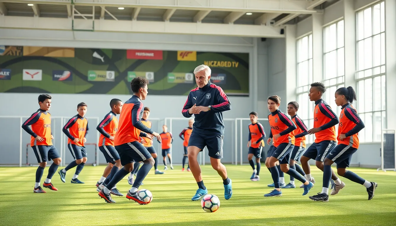 young football players training with a coach in a modern facility.