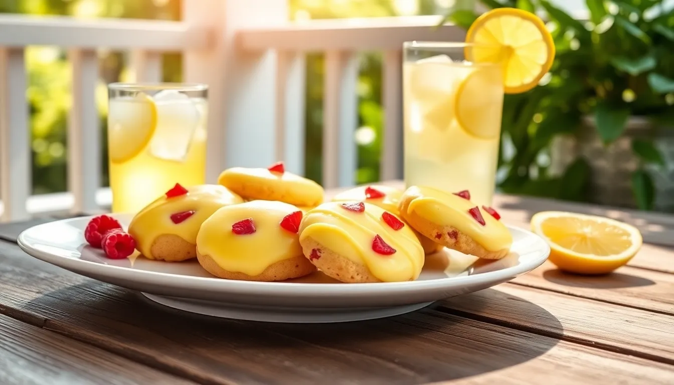 Raspberry lemonade cookies on a sunny porch with a glass of lemonade.