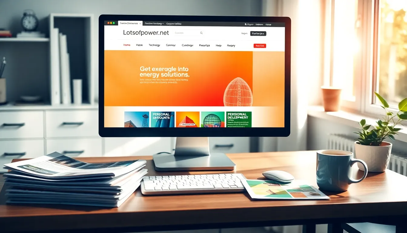 A modern workspace with a computer showing the Lotsofpower.net website.