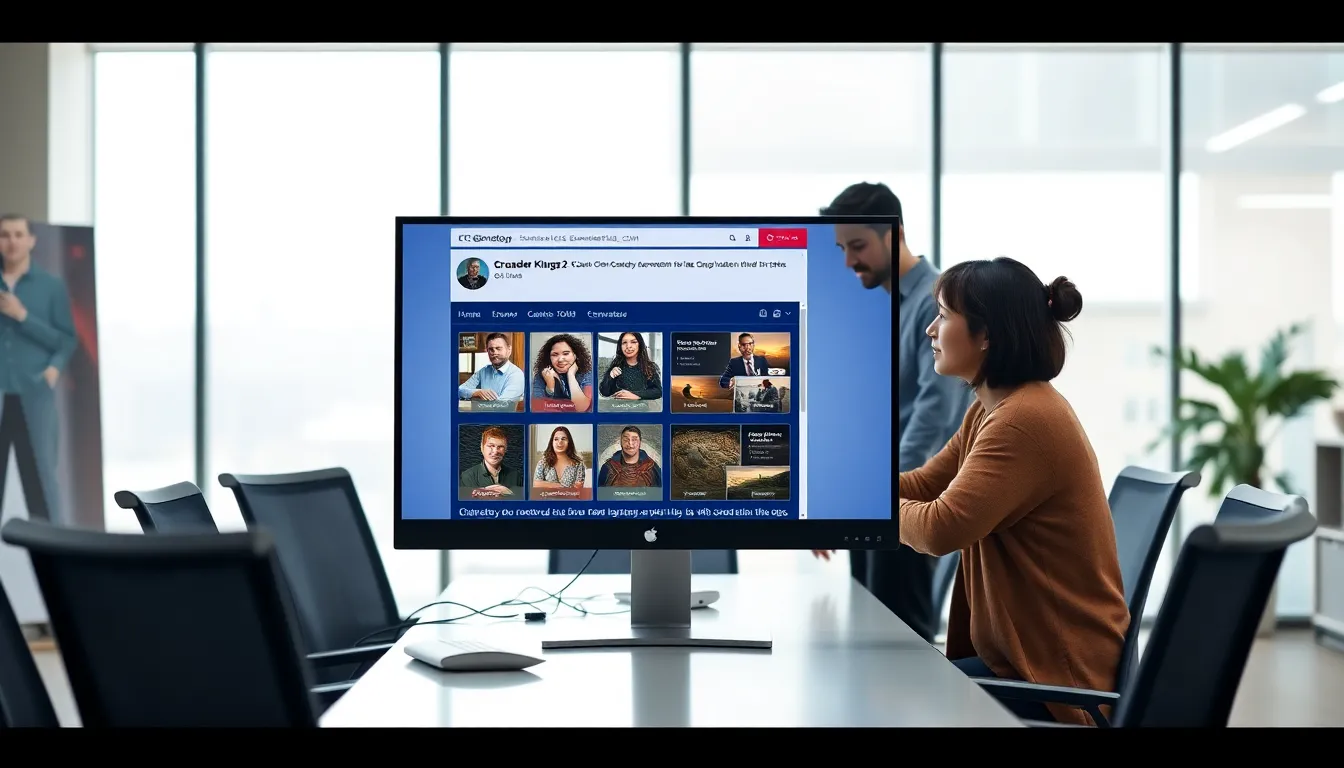 modern office with a team discussing CK2Generator.com tools on a computer.