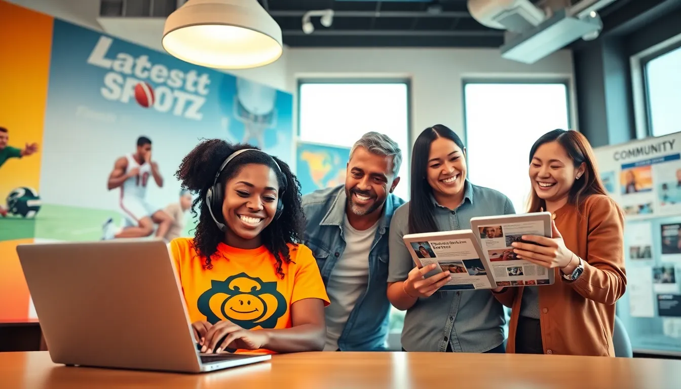 A diverse team engaging in lively sports discussions in an office.