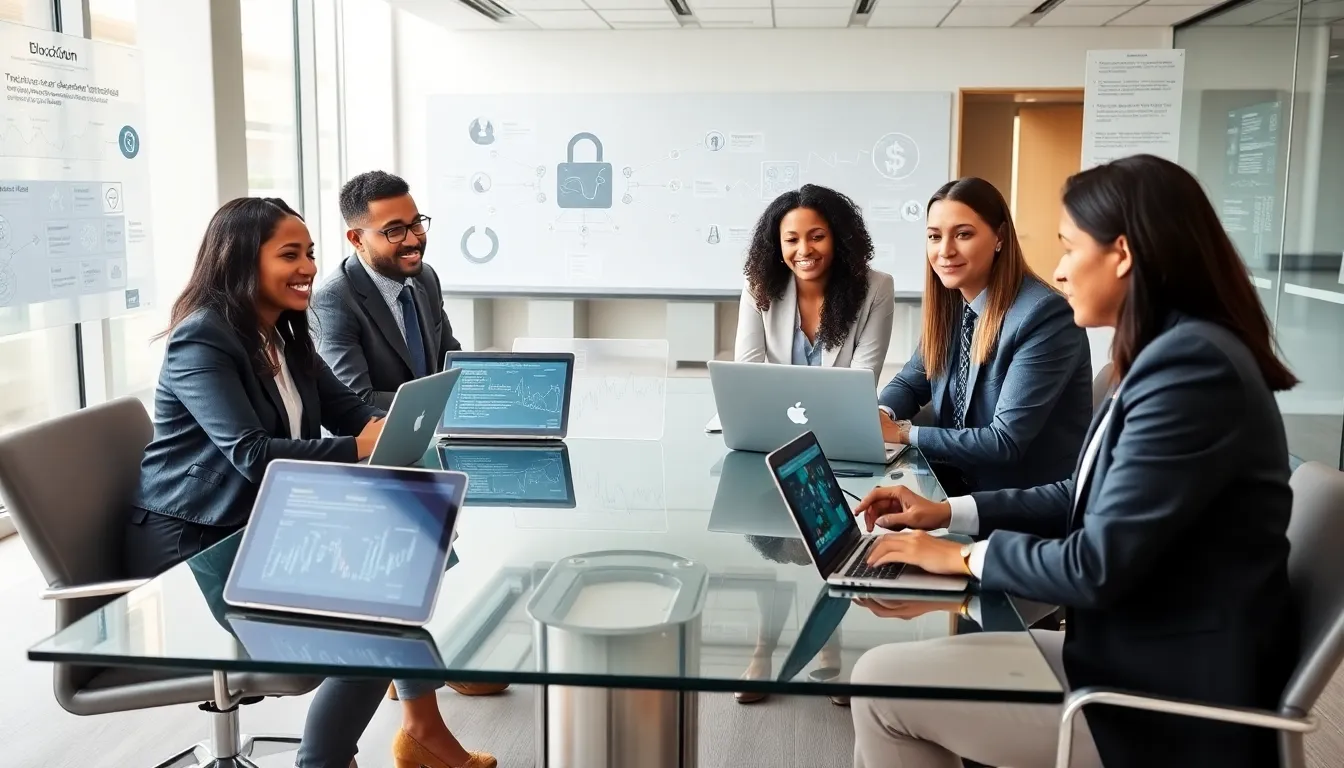 diverse professionals discussing blockchain technology in a modern office.