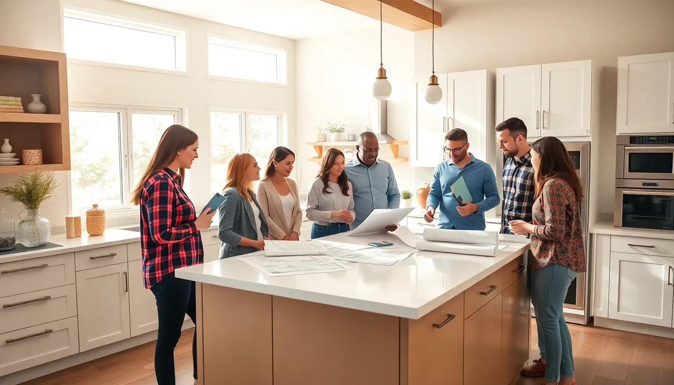 diverse team collaborating on a home renovation project in a modern kitchen.