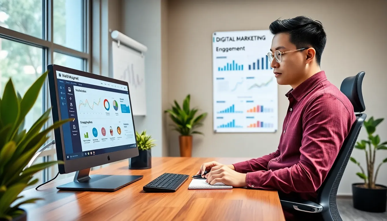 A professional man working at a desk with digital marketing tools on screen.