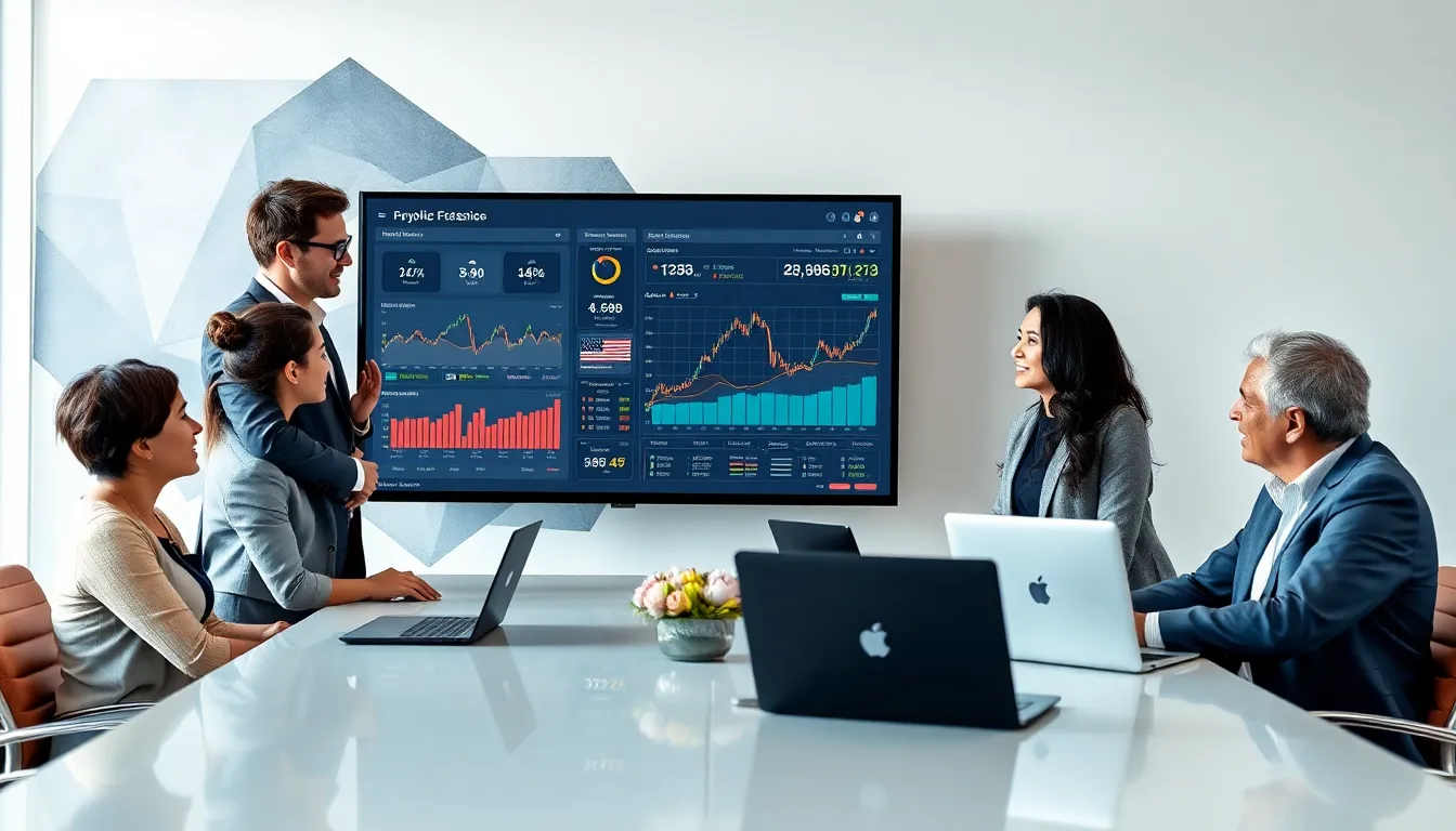 diverse team discussing cryptocurrency trading in a modern office.