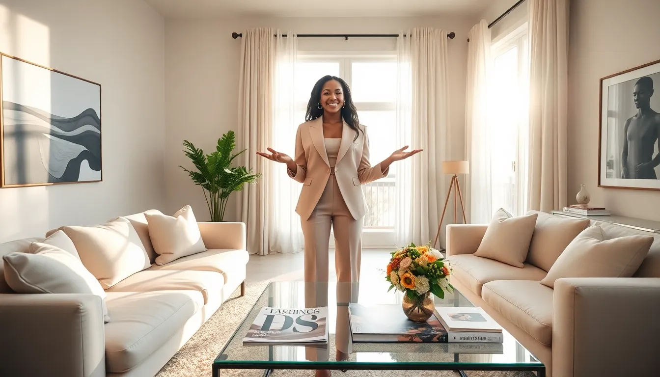 a stylish woman in a chic living room blending fashion and real estate.