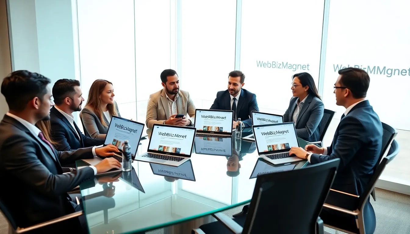 diverse professionals collaborating in a modern office around WebBizMagnet resources.