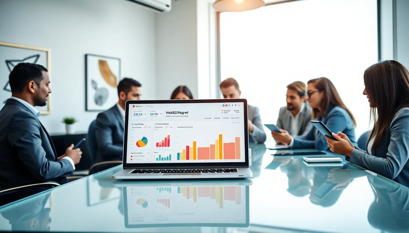 team collaborating in a modern office with digital marketing tools.