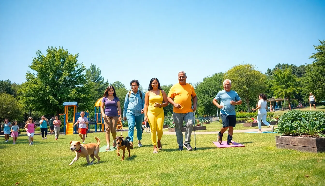 A diverse group enjoying wellness activities in a lively community park.