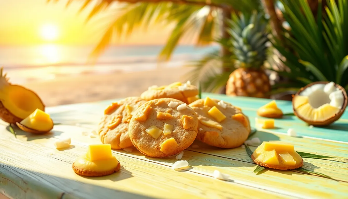 Tropical cookies arranged on a sunny table with fresh fruits and decorative elements.