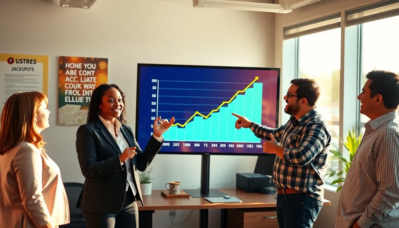 real estate agents discussing accumulative jackpots in a vibrant office setting.