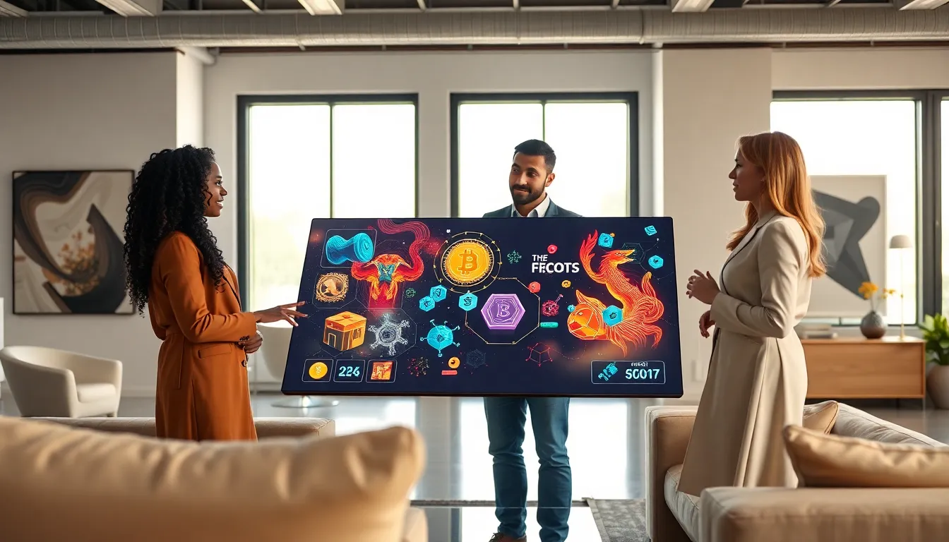 professionals discussing NFTs in a modern office setting.