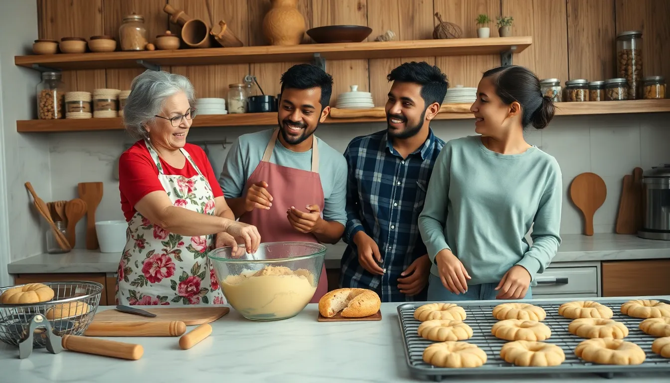 diverse group baking bread cookies in a cozy kitchen.