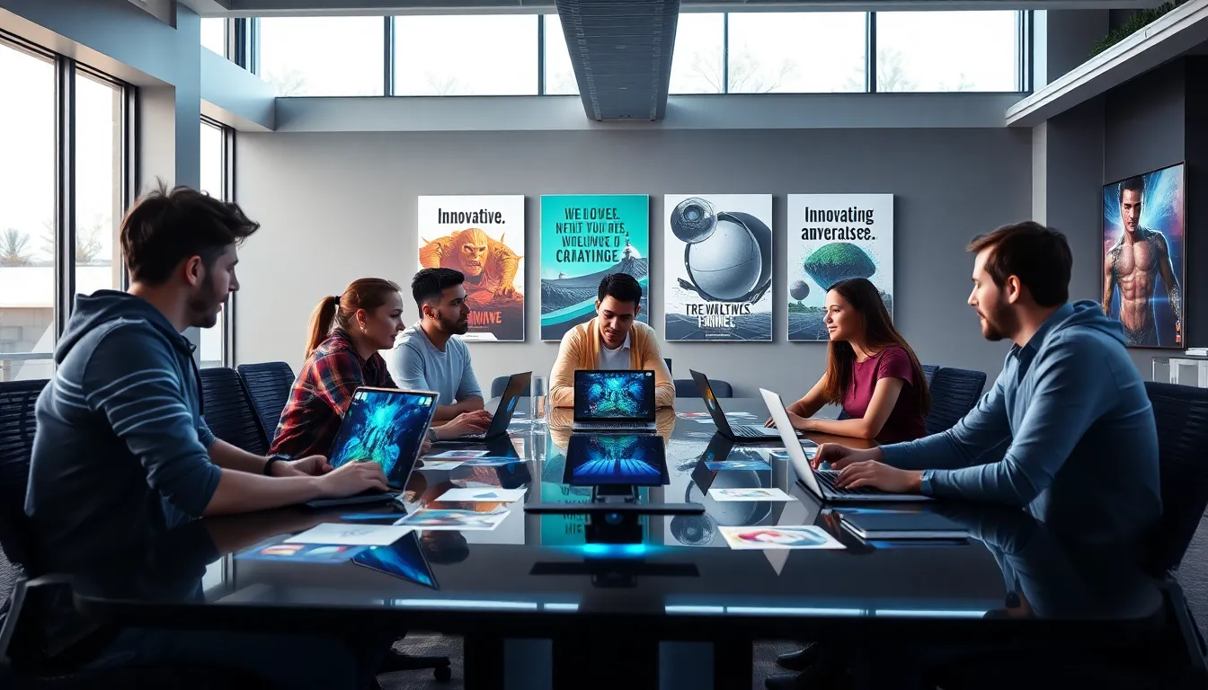 diverse game developers collaborating in a modern workspace.